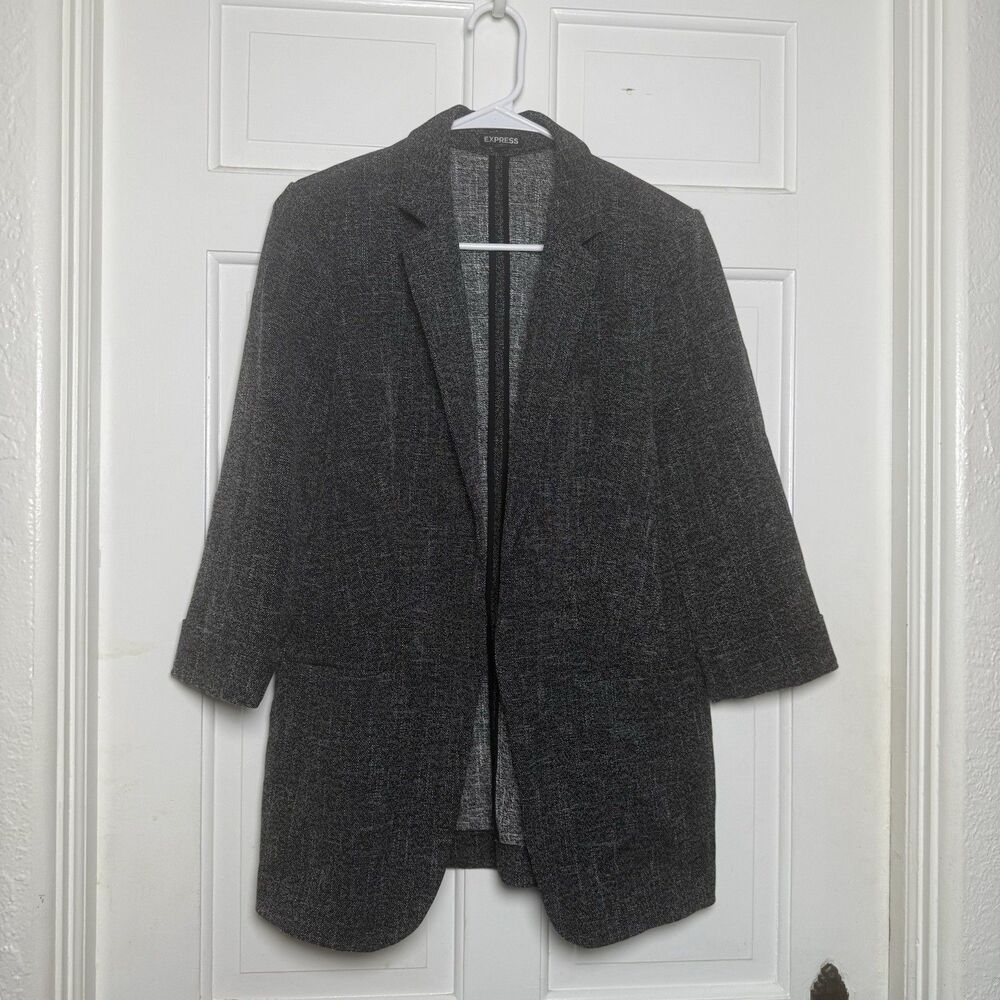 Express Women’s Black Metallic Open Front Blazer Size S Longline Career Jacket